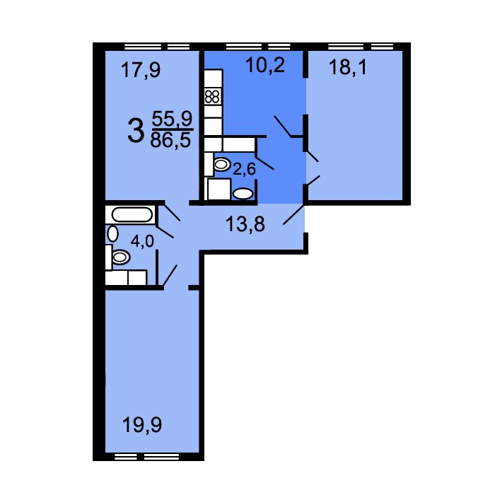 трехкомнатная квартира в доме серии ПИК-1 План: 3