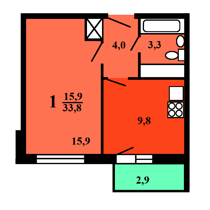 однокомнатная квартира в доме серии Град-4М План: 3