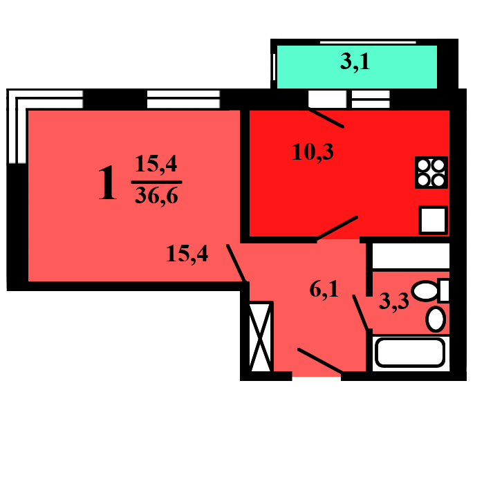 однокомнатная квартира в доме серии Град-4М План: 1