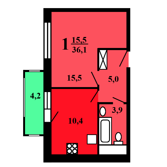 однокомнатная квартира в доме серии Град-4М План: 2