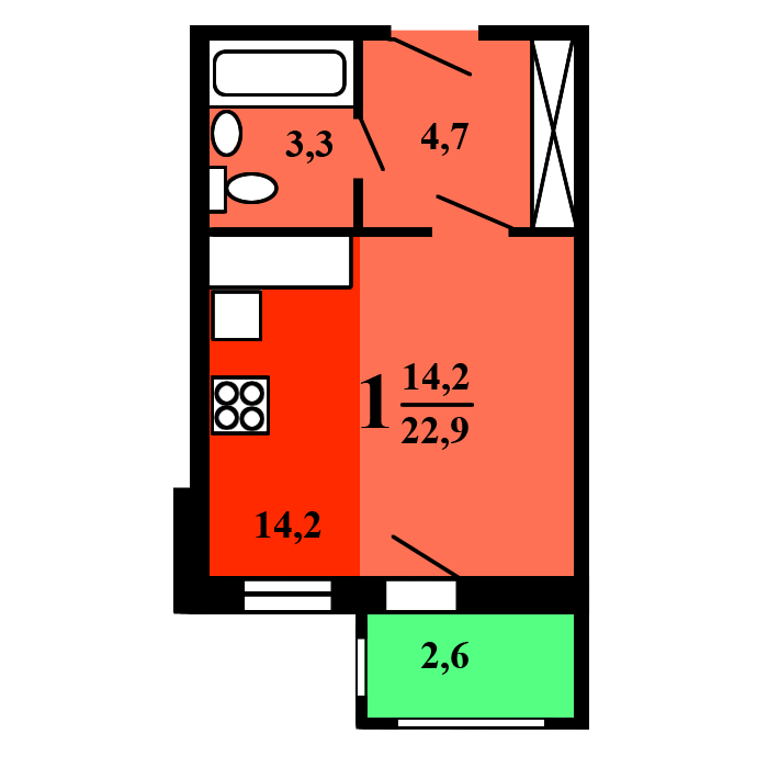 однокомнатная квартира в доме серии Град-4М План: 7