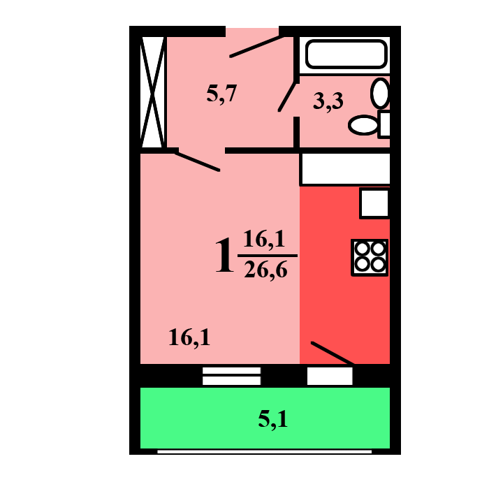 однокомнатная квартира в доме серии Град-4М План: 4