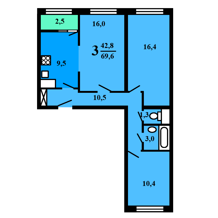 трехкомнатная квартира в доме серии Град-4М План: 2