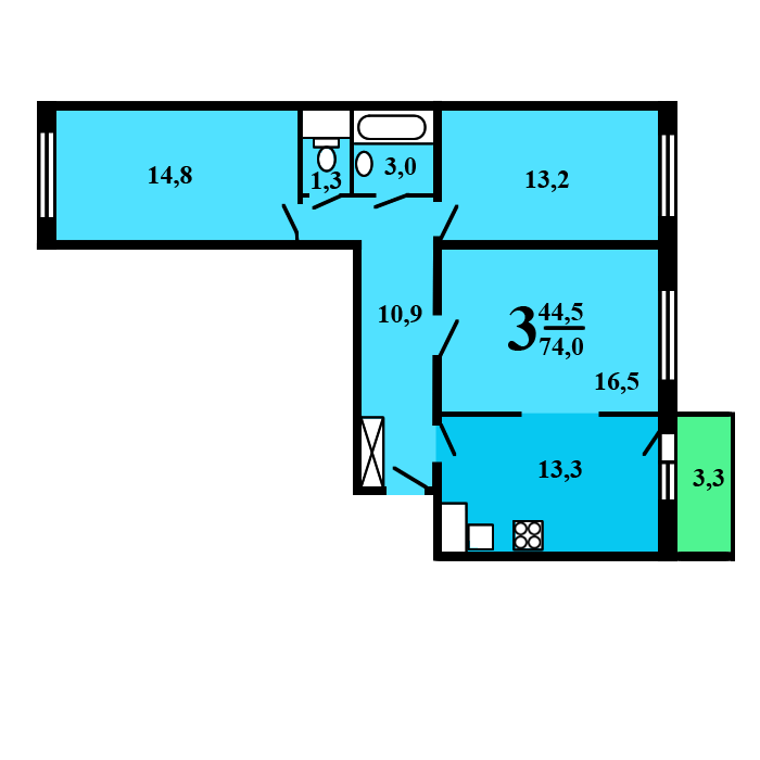 трехкомнатная квартира в доме серии Град-4М План: 1