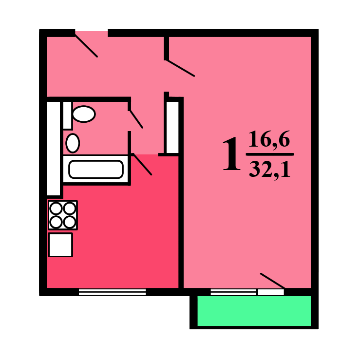 однокомнатная квартира в доме серии II-57-А/09 План: 1